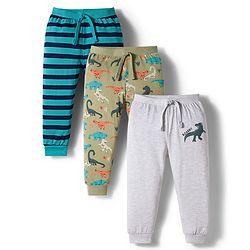 Babyhug Cotton Knit Full Length Lounge Pant With Stripes & Dino Print Pack Of 3 - Aqua Olive Green & Grey