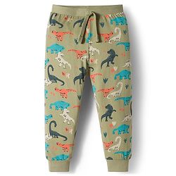Babyhug Cotton Knit Full Length Lounge Pant With Stripes & Dino Print Pack Of 3 - Aqua Olive Green & Grey