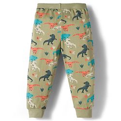 Babyhug Cotton Knit Full Length Lounge Pant With Stripes & Dino Print Pack Of 3 - Aqua Olive Green & Grey