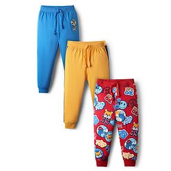 Babyhug Cotton Knit Full Length Lounge Pants With Sport Theme Text Print Pack of 3 - Red Blue & Yellow