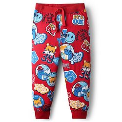 Babyhug Cotton Knit Full Length Lounge Pants With Sport Theme Text Print Pack of 3 - Red Blue & Yellow