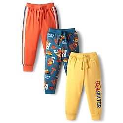 Babyhug Cotton Knit Full Length Lounge Pant with Bear Print & Tape Detailing Pack of 3  - Orange Yellow & Teal Blue