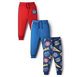 Babyhug Cotton Knit Full Length Lounge Pants With Sport Theme Text Print Pack of 3 - Red Blue & Navy Blue