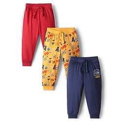 Babyhug Cotton Knit Full Length Football Printed Lounge Pants Pack of 3 - Navy Blue Yellow & Red