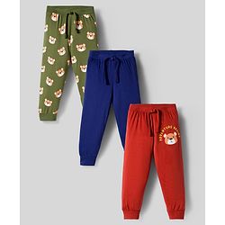 Babyhug Cotton Knit Full Length Lounge Pants with Teddy Bear Print Pack of 3 - Red Blue & Olive Green