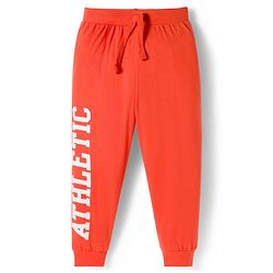Babyhug Cotton Knit Full Length Lounge Pants with Sport Theme Tape Detailing & Athletic Text Print Pack of 3 - Navy Blue Orange & Dark Green