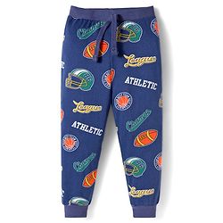 Babyhug Cotton Knit Full Length Lounge Pants with Sport Theme Tape Detailing & Athletic Text Print Pack of 3 - Navy Blue Orange & Dark Green