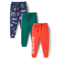 Babyhug Cotton Knit Full Length Lounge Pants with Sport Theme Tape Detailing & Athletic Text Print Pack of 3 - Navy Blue Orange & Dark Green