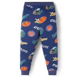 Babyhug Cotton Knit Full Length Lounge Pants with Sport Theme Tape Detailing & Athletic Text Print Pack of 3 - Navy Blue Orange & Dark Green