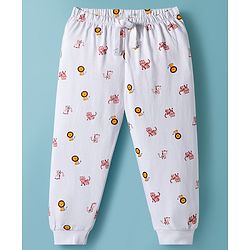 Babyhug Cotton Knit Full Length Lounge Pant with Animal Print - White