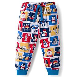 Babyhug Cotton Knit Full Length Lounge Pant with Animal Print - White & Blue