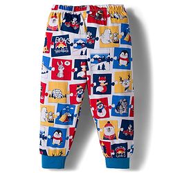 Babyhug Cotton Knit Full Length Lounge Pant with Animal Print - White & Blue