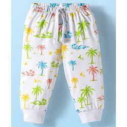 Babyhug Cotton Knit Full Length Lounge Pant with Beach Theme Print - White