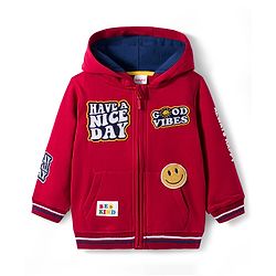 Babyhug Fleece Knit Full Sleeves Hooded Sweatjacket With Patch Detailing & Kangaroo Pockets - Red