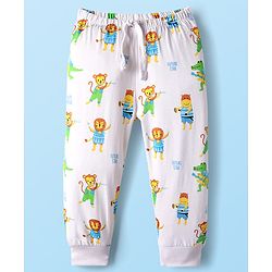 Babyhug Cotton Knit Full Length Lounge Pant with Animals Print - White