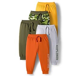 Babyhug Cotton Knit Full Length Lounge Pants With Camouflage & Text Print Pack of 5 - Olive Green White & Yellow