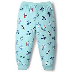 Babyhug Cotton Knit Full Length Lounge Pant With Airplane Print - Light Blue