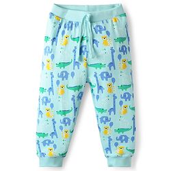Babyhug Cotton Knit Full Length Lounge Pant With Dino Print - Light Blue