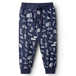 Babyhug Cotton Knit Full Length Joggers With Vehicle Print - Navy Blue