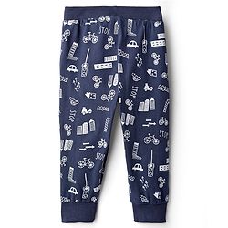 Babyhug Cotton Knit Full Length Joggers With Vehicle Print - Navy Blue