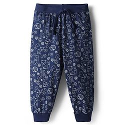 Babyhug Cotton Knit Full Length Lounge Pants with Animal Print - Navy Blue