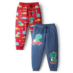 Babyhug Cotton Knit Full Length Dino & Vehicles Printed Lounge Pants Pack Of 2 - Red & Navy Blue