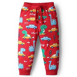 Babyhug Cotton Knit Full Length Dino & Vehicles Printed Lounge Pants Pack Of 2 - Red & Navy Blue