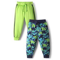 Babyhug Cotton Knit Full Length Dino Printed Lounge Pants Pack Of 2 - Light Green & Navy Blue