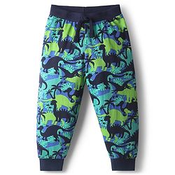 Babyhug Cotton Knit Full Length Dino Printed Lounge Pants Pack Of 2 - Light Green & Navy Blue