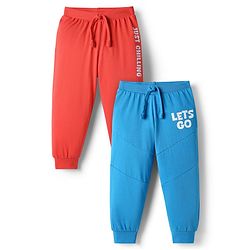 Babyhug Cotton Knit Full Length Text Printed Lounge Pants Pack Of 2 - Blue & Red