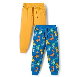 Babyhug Cotton Knit Full Length Lounge Pant With Dino Print Pack Of 2 - Yellow & Blue