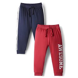 Babyhug Cotton Knit Full Length Text Printed Lounge Pants Pack Of 2 - Red & Navy Blue