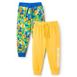 Babyhug Cotton Knit Full Length Lounge Pant with Animal Print Pack of 2- Yellow & Blue