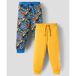 Babyhug Cotton Knit Full Length Lounge Pants with Sports Print Pack of 2 - Yellow & Blue