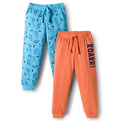 Babyhug Cotton Knit Full Length Lounge Pant With Dino Print Pack Of 2 - Light Blue & Coral