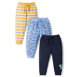 Babyhug Cotton Knit Full Length Lounge Pant With Dino Print Pack Of 3 - Yellow Navy Blue & Light Blue