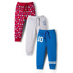 Babyhug Cotton Knit Full Length Lounge Pants with Sports Print Pack of 3 - Red Grey & Blue