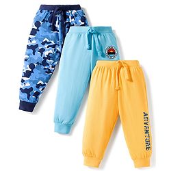 Babyhug Cotton Knit Full Length Lounge Pant With Text Print Pack Of 3 - Light Blue Yellow & Blue