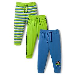 Babyhug Cotton Knit Full Length Lounge Pant With Stripes Pack Of 3 - Lime Green & Blue