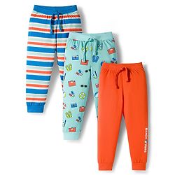 Babyhug Cotton Knit Full Length Striped & Printed Lounge Pants Pack of 3 - Orange & Blue