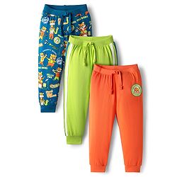 Babyhug Cotton Knit Full Length Lounge Pants with Bear Print & Tape Detailing Pack of 3 - Blue Green & Orange