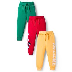 Babyhug Cotton Knit Full Length Lounge Pants With Text Print Pack Of 3 - Green Red & Yellow