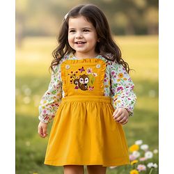 Babyhug Cotton Woven Frock with Full Sleeves Inner Top with Floral Print & Embroidery - Yellow & White
