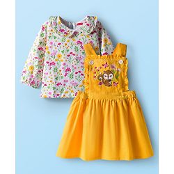 Babyhug Cotton Woven Frock with Full Sleeves Inner Top with Floral Print & Embroidery - Yellow & White