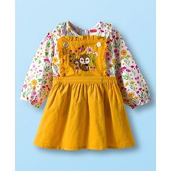 Babyhug Cotton Woven Frock with Full Sleeves Inner Top with Floral Print & Embroidery - Yellow & White