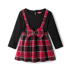 Babyhug Cotton Woven Full Sleeves Frock with Check Print Bow Applique - Black & Red