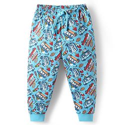 Babyhug Cotton Knit Full Length Vehicles Printed Lounge Pant With Vehicles Print - Light Blue