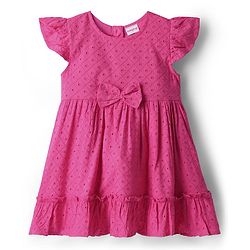 Babyhug 100% Cotton Half Sleeves Frock With Embroidery & Bow Applique - Dark Pink