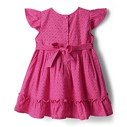 Babyhug 100% Cotton Half Sleeves Frock With Embroidery & Bow Applique - Dark Pink