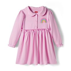 Babyhug Single Jersey Woven Full Sleeves Frock With Bloomers With Rainbow Print - Pink